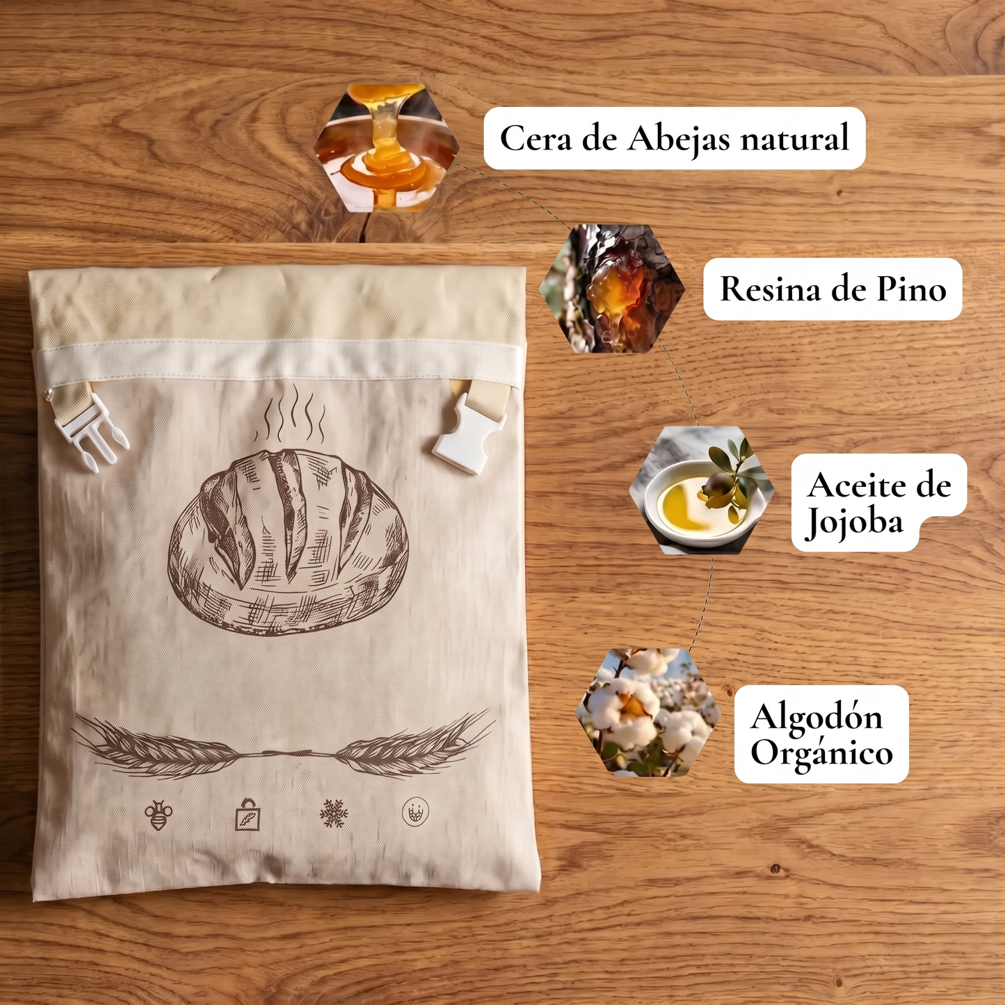 Colmena – Bolsa para pan de algodón y cera de abeja 100% natural